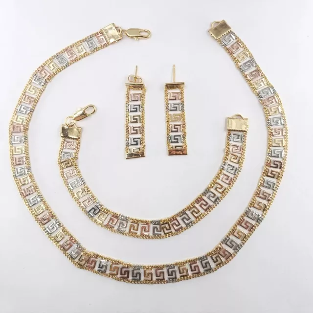 New Women's Greek Key Necklace & Earring, Bracelet Set Tri Color Gold Beauty