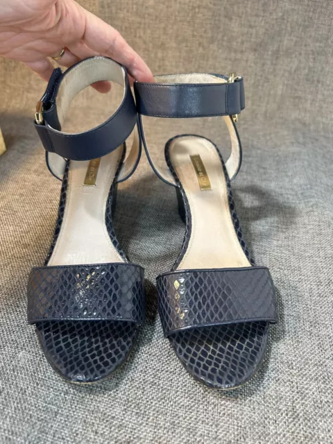 LOUISE ET CIE Wedge Sandals Ankle Strap Wedge Navy Blue Leather Size 8M