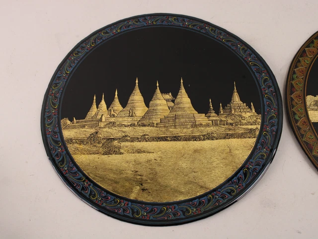 Lot 2 NOS Antique Burmese Myanmar Lacquerware Charger / Plate Wood 12" Betel Nut 2