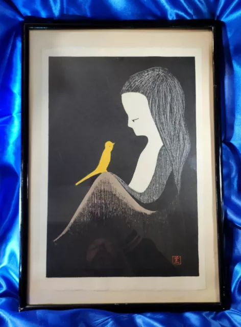 Kaoru Kawano • Woodblock Print "Girl And Yellow Bird" Marked Art Japan • 10x15" 2