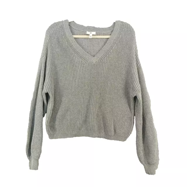 BP Sweater MEDIUM(8-10) Women Pullover Fall Solid Gray Ribbed Knit 100% Cotton