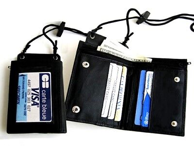 BLACK GENUINE LEATHER WALLET ID Badge Window Pocket Card Holder Zip Neck Strap