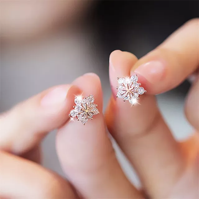 925 Silver Flower Snowflake Zircon Earrings Ear Stud Women Jewelry Xmas Gifts