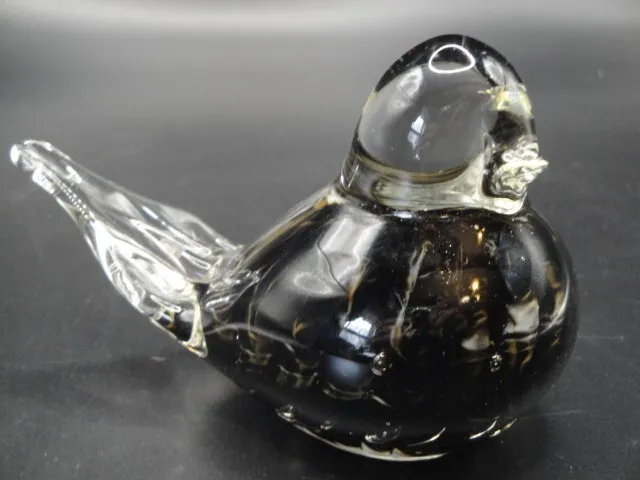 Joe St. Clair Glass Bird Paperweight Filled with Black, White and Gold   Ripples