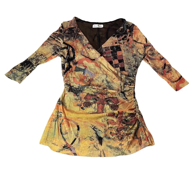 Elana Kattan Print Top Women’s XS to S Art To Wear V Neck 3/4 Sleeve Yellow Mesh