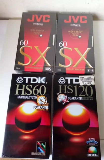 4 casetes de video en blanco VHS: TDK HS120 HS60 y 2x JVC XS 60 *Nuevos y sellados*