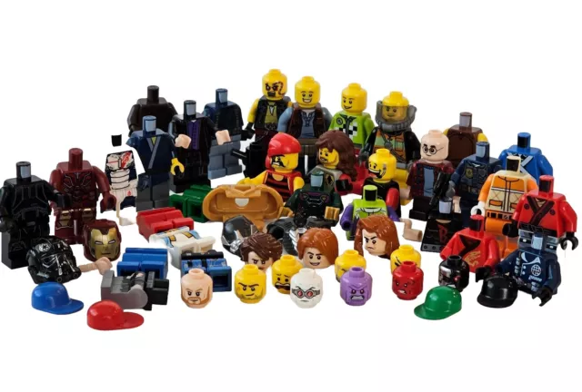 Lego Minifigure 20 Heads, 20+ Torso, 20+ Legs, Hair, Helmet, Hats Armor Lot
