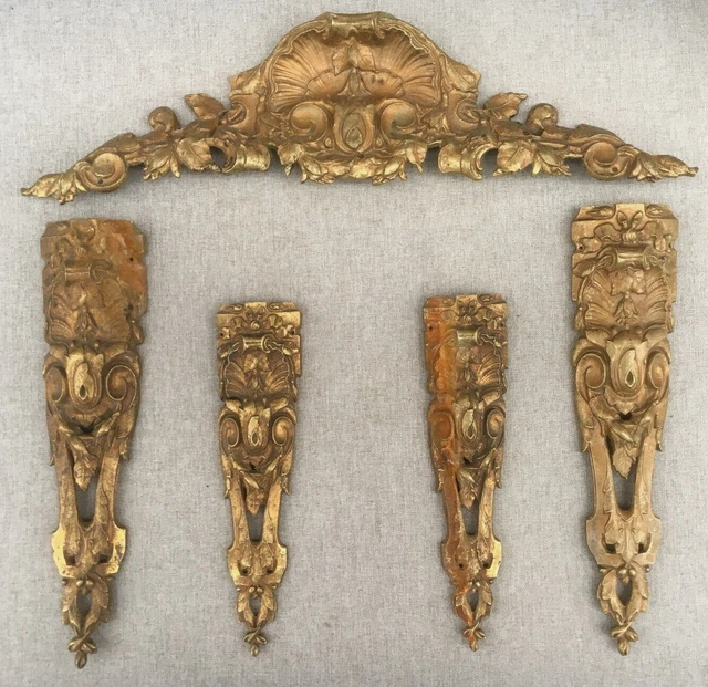 Large antique french furniture ornaments set 19th century gilded bronze Louis XV