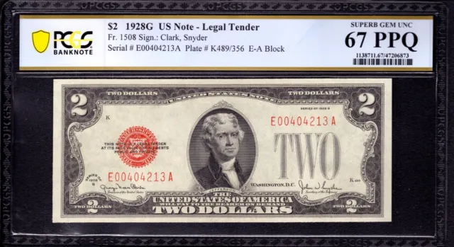 1928 G $2 Legal Tender Red Seal Note Fr.1508 Ea Block Pcgs B Superb Gem 67 Ppq