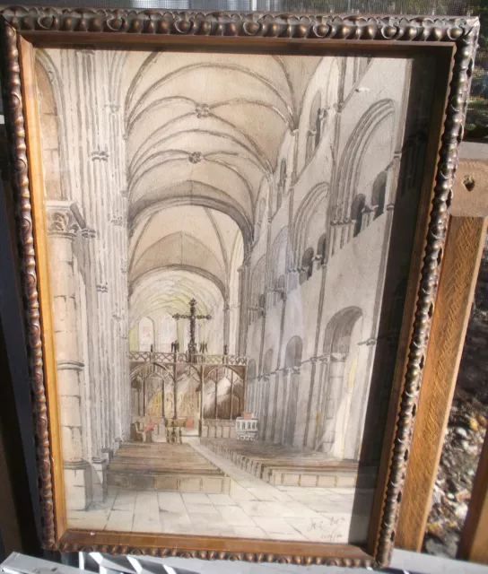 ORIGINAL WATERCOLOR H C COX Gothic Church Interior Signed & Dated July ...