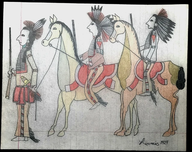 LARGE ORIGINAL INDIAN WARS LEDGER DRAWING. Loomis 1924. LARGE ORIGINAL INDIAN WARS LEDGER DRAWING. Loomis 1924.