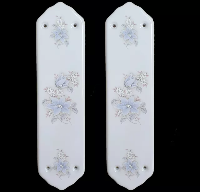 White Porcelain Ceramic Door Finger Push Plates Blue Clematis Design