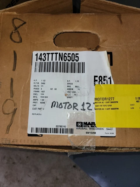 Marathon 143TTTN6505 Severe Duty 3Ph Tenv 1 1/2Hp 3460RPM 575V NEW FREE SHIPING