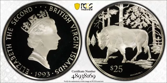 1993 -FM British Virgin Islands Silver $25 European Bison - PCGS PR69 DCAM