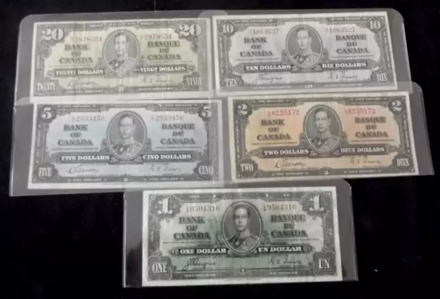 Bank Of Canada 1937 $20.00,10,5,2 Ands $1.00 Circulated Banknote