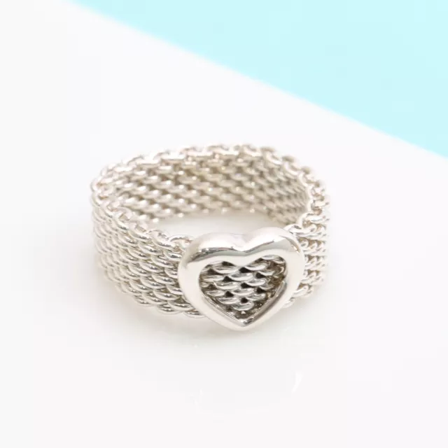 Tiffany & Co. Heart Mesh Somerset Ring Band Size 4.25  Silver 925 w/Box & Pouch