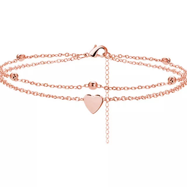 Mesdames Double Coeur Perle Cheville Cheville Bracelet Pied Chaîne Or Rose