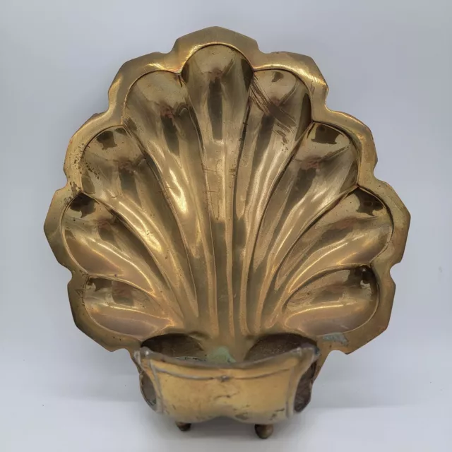 Vintage Large Brass Scalloped Shell Wall Mount Double Candle Sconce Reflector