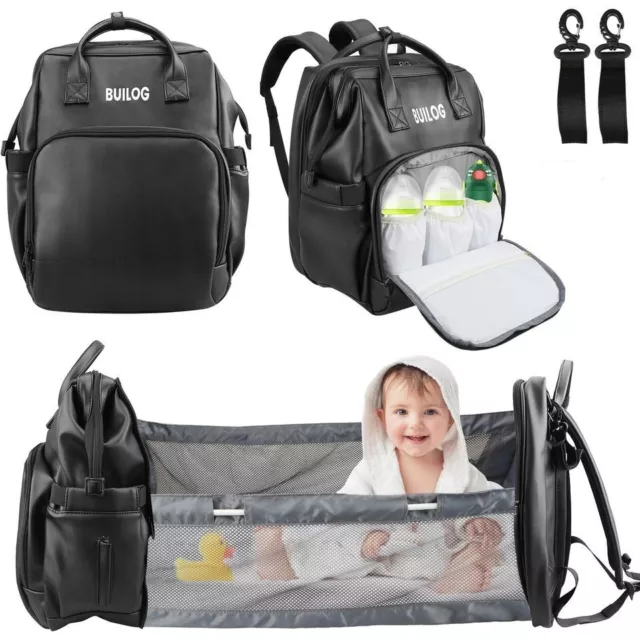 Diaper Bag Backpack Leather Baby Bag with Changing Station Portable Baby Bag,Bed