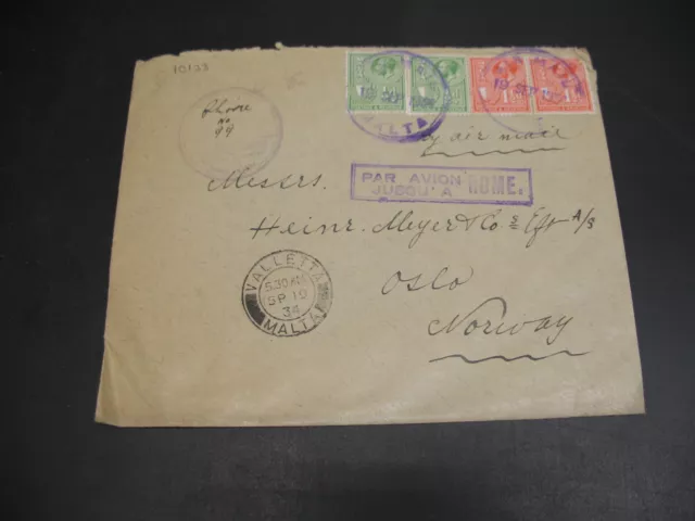 Malta 1934 airmail cover to Norway corner folds *10134