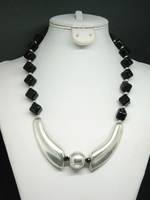 Taxco Mexico TC-55 Sterling Silver Black Onyx Cube Modernist Puffy 19" Necklace