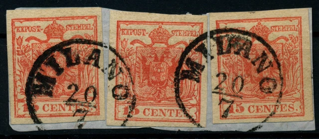 LOMBARDEI-VENETIEN 1850 3*15C auf Briefstück, HP, Type III. MILANO. Schön!