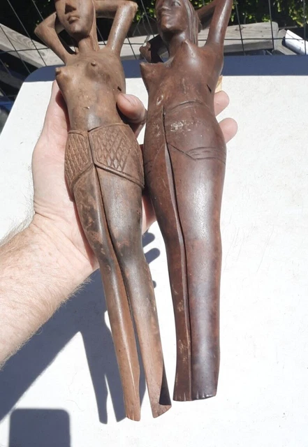 2  Vintage  Folk Art 14” Hand Carved Wooden Naked Lady Nude Brown Nutcracker