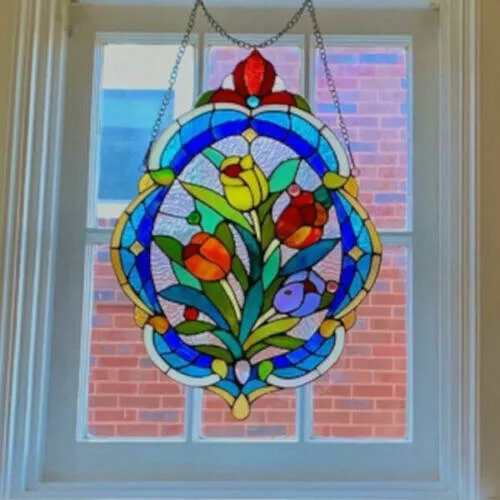 Tiffany Style Stained Glass Oval Tulip Suncatcher Window Panel Window Hanging