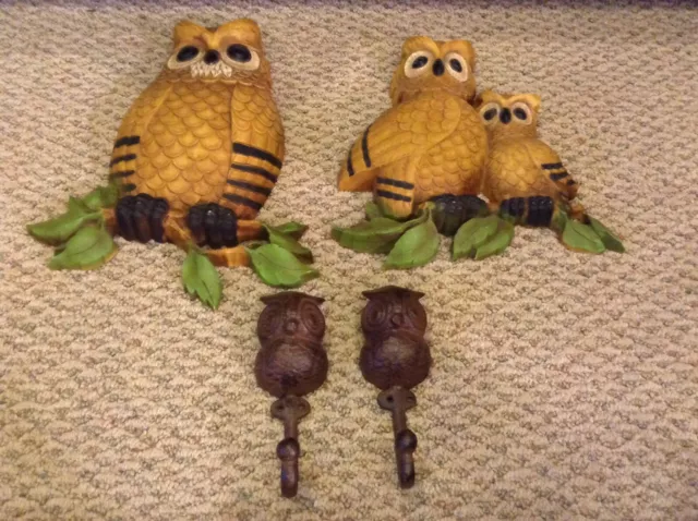 Vintage Owl Wall Plaques - & Cast Iron Owl Wall Hooks