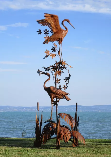 XXL Reiher Paar auf Baum Park Skulptur handgefertigt aus Roststahl H 300 cm WOW!