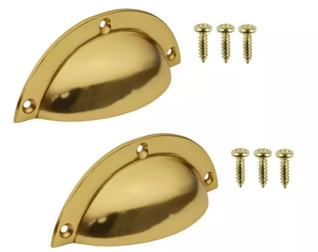 2 x POLISHED SOLID BRASS 80mm PULL DOOR HANDLE Cup Cupboard Chest Drawer Shell