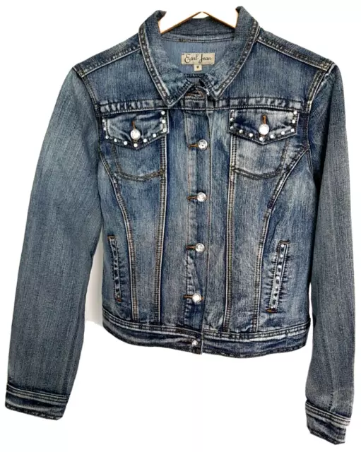 EARL JEAN Women's Trucker Denim Jean Jacket Size Medium Stone Wash Bling NEW