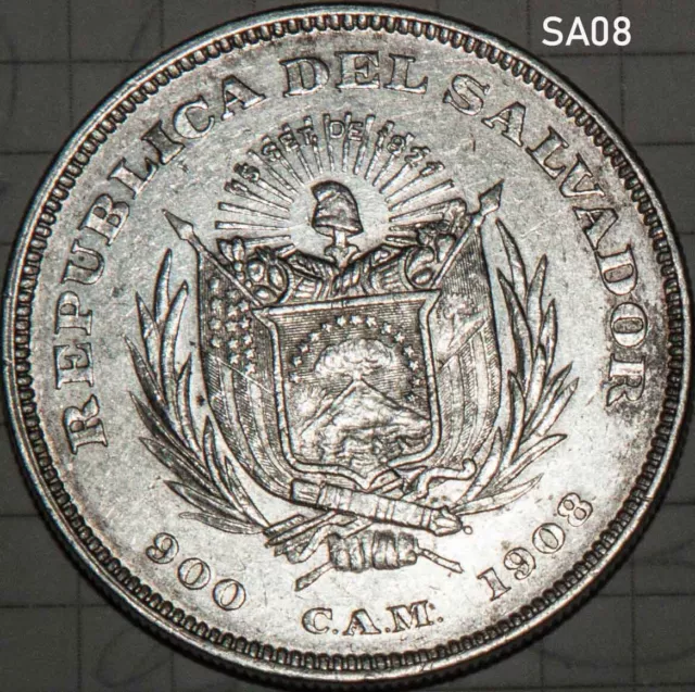 El Salvador Peso 1908 Silver Colon Columbus Libertad XF-AU