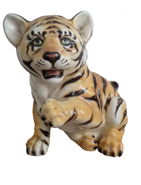 Vintage Tiger Cub Italian Ceramic Large Figurine Raised Paw 28cm Rare
