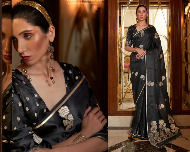 Black Pure Satin Weaving Sona Rupa Zari Butti Sarees