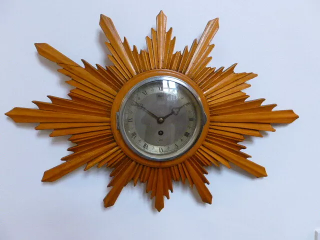 Large vintage quality Elliott sun ray star burst wood wooden wall clock gwo, 24"