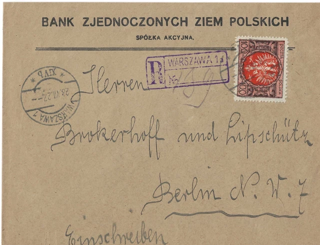 Polen Einschreiben Brief, frankiert W-wa n.Berlin Bank Zjednoczonych Ziem Pol.