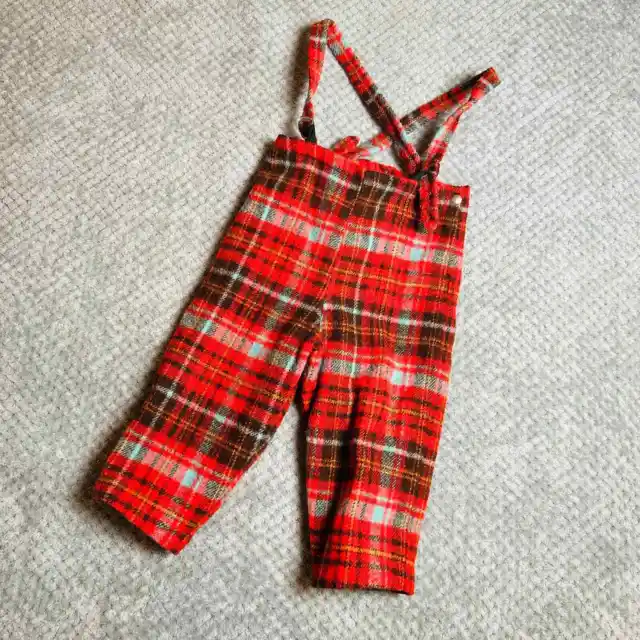 vintage handmade wool blend red plaid lederhosen toddler/kids size retro pants