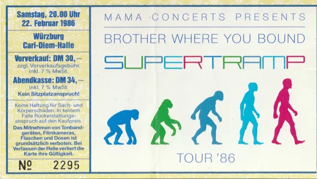 Supertramp | Tour 1986 || Konzertkarte Eintrittskarte Concert Ticket
