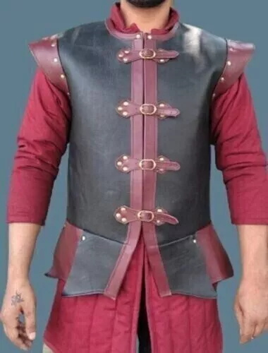 Leather Jerkin Red&Black Medieval Leather Vest Leather Jacket Viking LARP armor