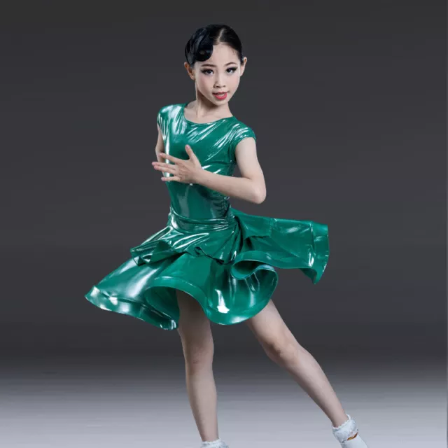 Shiny Girls Latin Dance Dress Short Sleeve Layered Ballroom Slim Rumba Dancewear