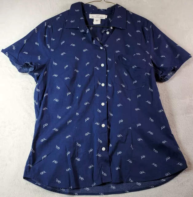 H&M Shirt Womens Size 12 Blue Eyeglasses Print Short Sleeve Collared Button Down