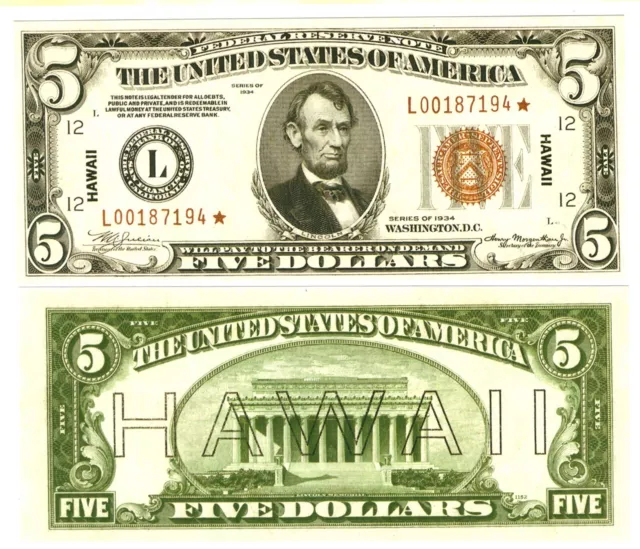 r Paper Reproduction - Hawaii 5 Dollars 1934 Pick #37  1839R