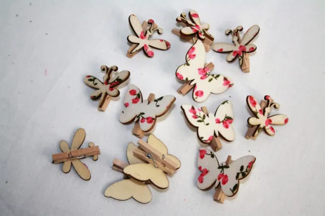 Mini Wooden Floral Butterfly & Dragonfly Craft Pegs x 12