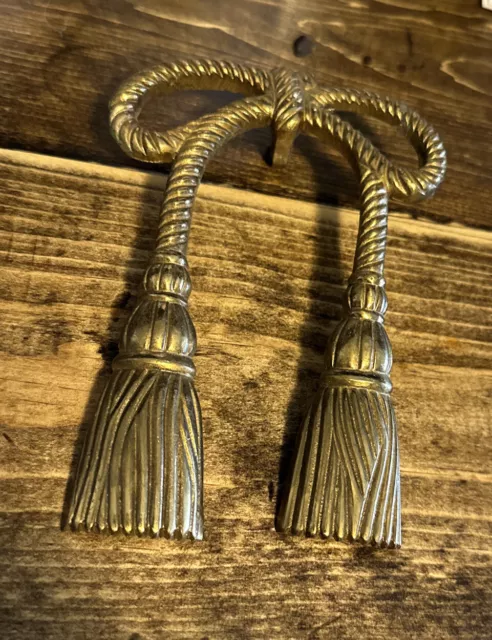 Vintage Hollywood Regency Brass Rope Tassel Bow Curtain Drape Tie Back Holders
