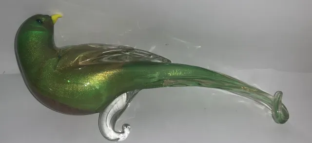 Vintage Murano Italian Blown Art Glass Bird 4.5” Tall X 9.25" Long Green