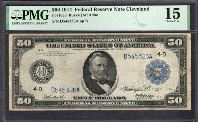 1914 $50 Cleveland FRN PMG 15 Fr.1036 Item #2182128-002 1914 $50 Cleveland FRN PMG 15 Fr.1036 Item #2182128-002