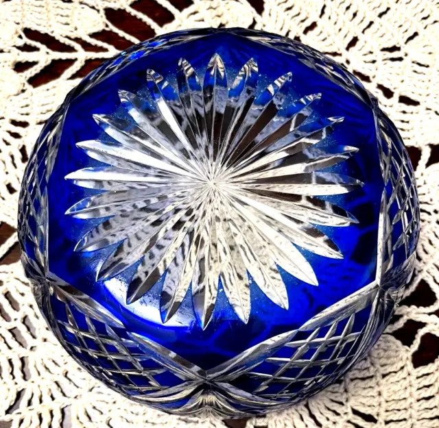 Vintage Cobalt Blue Cut to Clear Bohemian  Czech  8" Crystal Bowl