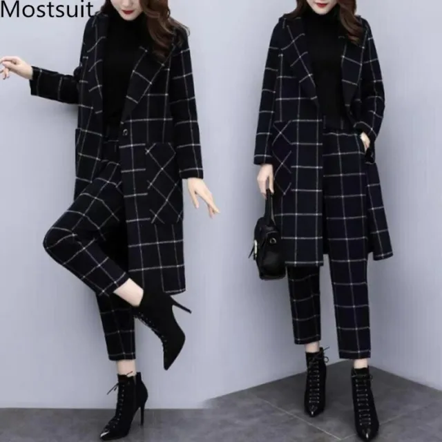 2019 Hiver Black Woolen Plaid Deux Pièce Lot Tenues Femmes Plus Taille Long Coat
