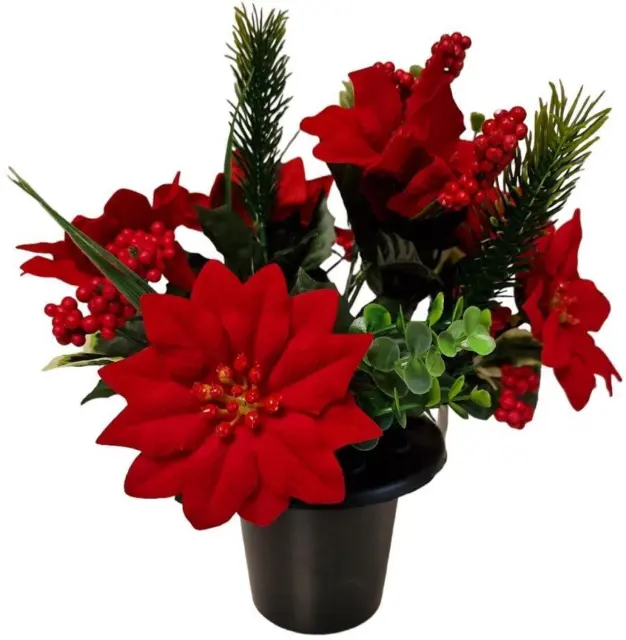Cemetery Pot with Red Artificial Red Poinsettia and Berries